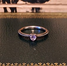 Pandora Silver Pink Cubic Zirconia Sapphire Delicate Heart Band Ring 925 Silver