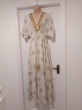 GRECIAN STYLE BOHO PALE WARM BEIGE WITH GOLD LEAF PRINT SEQUINNED MAXI  Sz 14-16
