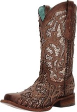 Corral Boots Glitter Tooled Inlay Square Toe Cowboy Boots 2156 Size 7.5