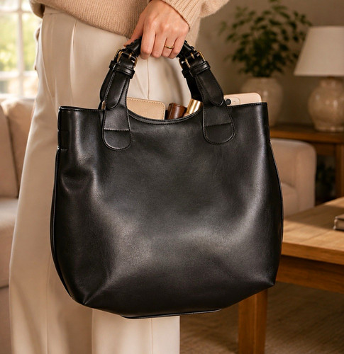Black leather large tote - black,