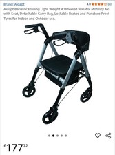 Bariatric Rollator with Seat and Backrest Extra Wide, 35 Stone