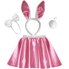 Girls Pink Satin Skirt RABBIT BUNNY Halloween Costume Fancy Dress Accessory Set