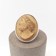 Antique Solid Silver Lava Cameo Ring Victorian Male King Crown Hand Carved