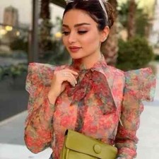 ZARA Floral Puff Sleeve Organza Blouse Sheer Multicoloured Floral Pussy Bow M