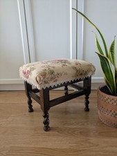 Antique Oak BARLEY TWIST Foot STOOL Pouffe Laura Ashley Upholstery Vintage Vgc