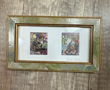 Sharon Jervis Cats Gold & Green Miniature Framed Lithograph Signed 4.75” x 2.75”