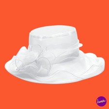 Women's Organza Wide Brim Church Hat, Floral Fascinator, White