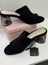 NWT Zara black faux suede Smokey acrylic low heeled open toe mule UK 7 EUR 40