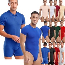 Men's Solid Color Short Sleeve Bodysuit Turn-down Collar Rompers Jumpsuits