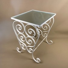 Vintage Wrought Iron Side Table Glass Top White Painted Scroll Legs Mid Century