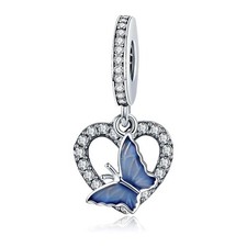 Blue Butterfly Heart Pendant S925 Sterling Silver Bead Charm for Women Mum Nan