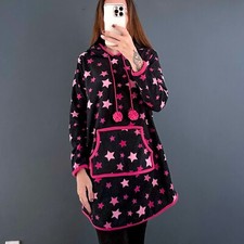 Ladies Black Pink Star Print Soft Fleece Loungewear Hoodie Dress Size M, 10-12