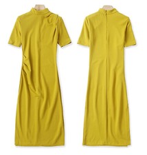 ZARA ORIENTAL QIPAO MUSTARD STRETCHY SKINNY PENCIL SHEATH GATHERING JERSEY DRESS