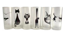 Vintage Dubout Editions Clouet France Black Cat Frosted Glass Set of x6
