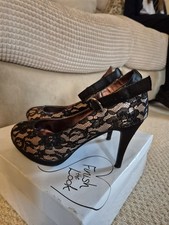 Evans Lace Black And Tan Mary Jane court Shoes. Extra Wide Fit. 7EEE