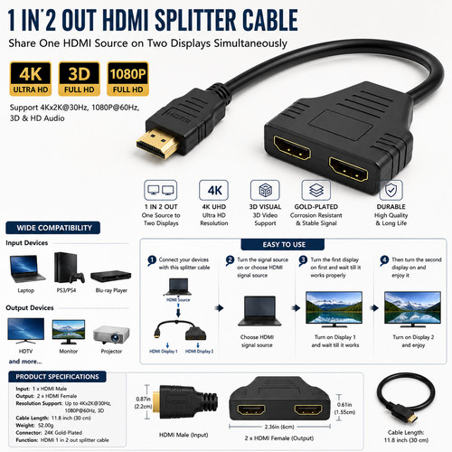 Hdmi splitter cable 2 - 1, out