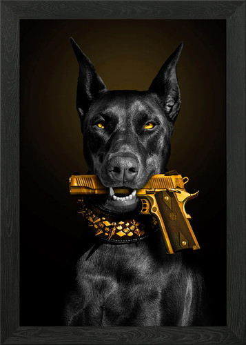 Dog with gold gun - , framed
