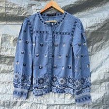 ZARA WOMAN Blue Embroidered Boho Blouse UK L Folk Floral Long Sleeve Top New