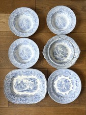 Antique Glasgow Cochran & co blue white SYRIA bowls meat cake stand 6 plates set