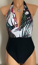 Figleaves Bali Palm Swimsuit Black Size 8 Long Plunge Halter Neck Tummy Control 