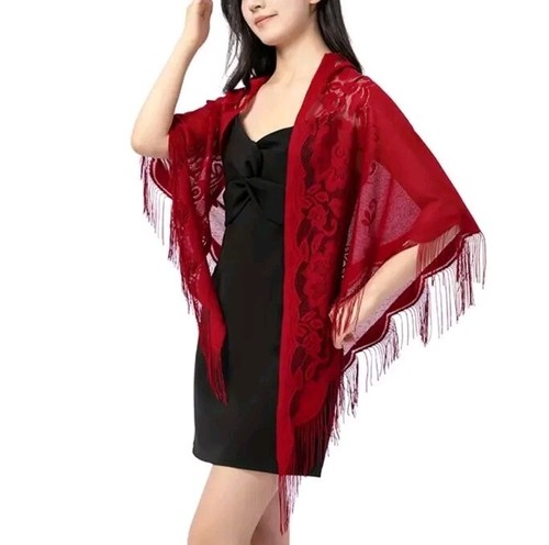 Ladies shawl red flower tassel - red,
