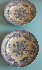 2 Antique Plates Blue Floral Bird Pattern