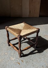 Antique Seagrass Stool Oak early 20thC
