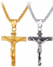 Silver Gold Jesus Christ Necklace Cross Crucifix Pendant Stainless Steel + Pouch