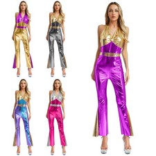 Women 70s 80s Disco Jumpsuit Lapel V Neck Metallic Shiny Flared Long Pants Party