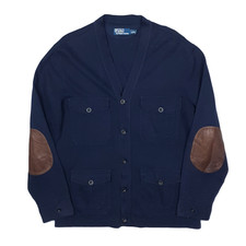 Polo Ralph Lauren Utility Cardigan Large Men Leather Elbow Patches Blue Jersey