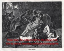 Dog Beauceron & Leonberger Save Girl from Wolf, 1870s Antique Engraving Print