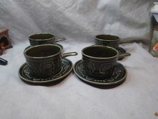 VINTAGE 1970s TAMS green glazed soup cups and saucers bowls with handles X 4
