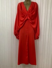 Asos Edition Coral Red Satin Batwing Dress V neck Ruched  Long Sleeve Midi