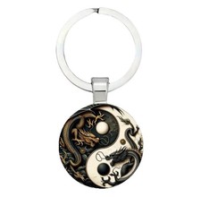 Yin Yang Dragon Keychain Black Gold Dual Energy Symbol Gift for House Car Keys