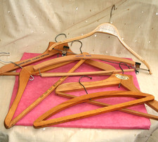SIX VINTAGE WOODEN COAT / TROUSER HANGERS, BURTON, LONGMYND HOTEL, HAVEN INNS