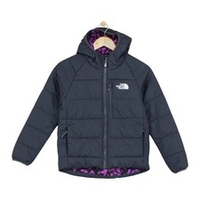 North Face Quilted Jacket Girls Size M Grey Reversible Hooded
