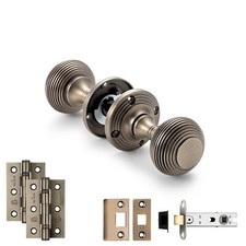 Antique Brass Beehive Mortice Door Knobs Pack Door Set Tubular Latch + Hinges