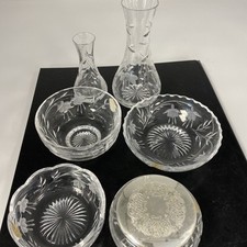 6 Pieces of Stuart Crystal Fuschia Glass 2 Bud Vases, 3 Bowls, 1 Lidded Dish L13
