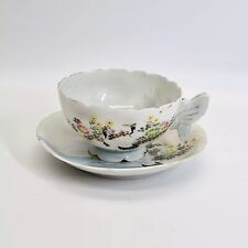 Japanese Tea Cup & Saucer Butterflies Handle Egg Shell Porcelain Meiji Period