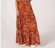 Nina Leonard Printed Tiered Maxi Skirt sienna new size small New QVC bx31