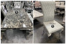 Louis Black Marble Dining Table 1.5m & x6 Louis Grey Faux Leather Dining Chairs