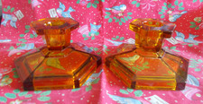 Two Vintage Amber Art Deco Glass Candlesticks/ Candleholders. VGC