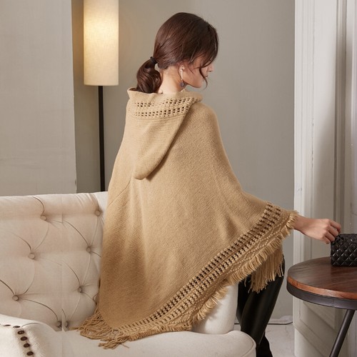 Women hooded poncho - poncho, tassel