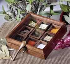 Wooden Spice Storage Box 9 Small Compartments & spoon, Gift, Masala dabba UK