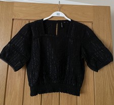 Superdry Women's Black Cropped Top Square Neck Elastic Hem ~ Size 8