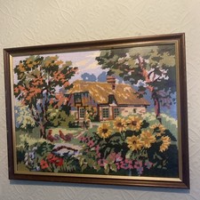 Vintage Tapestry Needlepoint Landscape cottage flowers England Framed 21” x 16” 