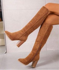 LADIES BROWN FAUX SUEDE KNEE HIGH BOOTS SIZE 9 TRANSVESTITE TV CD DRAG