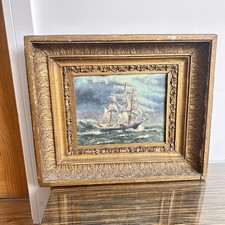 Maritime Oil Painting of Tall Ship at Sea, 1984, Vintage Ornate Gilt Frame