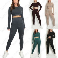 WOMENS 2PC SEAMLESS RIBBED TOP LEGGINGS  SET STRETCH FIT LOUNGEWEAR TIK TOK SUIT