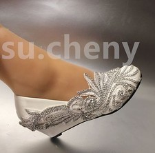 su.cheny Wedge low high heels Lace crystal white ivory pump Wedding Bridal shoes